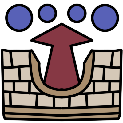  an upside-down stone arch with a red arrow pointing up from it to four blue circles above